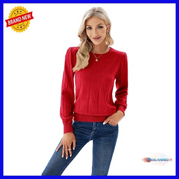 Long Lantern Sleeve Crochet Pullover Sweater Hollow Out Knit Top - Picture 3 of 8